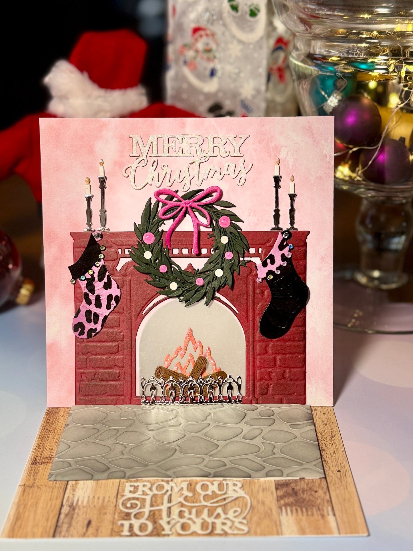 Flickering Fireplace Card with pink and black leapord stockings