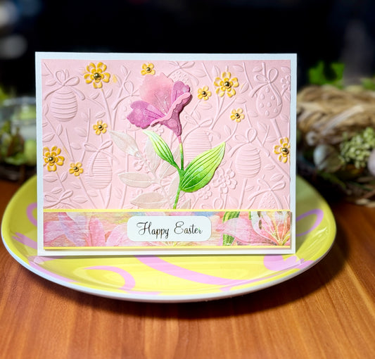 Easter card with embossed background and a dark pink flower
