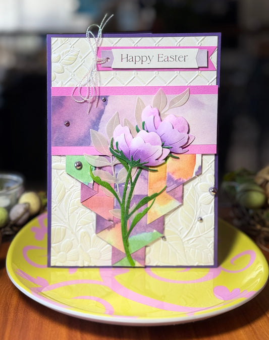 Easter card with center curtain fold and two purple flowers