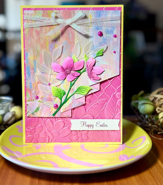 Easter card with curtain fold and two pink flowers