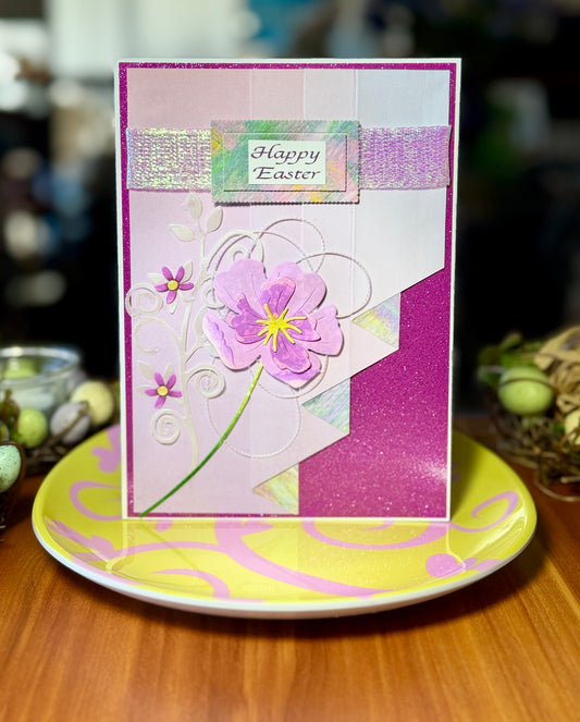 Easter card with curtain fold and purple flower