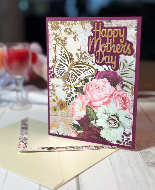 Mother's Day 5x7" red and pink flowered card with butterfly