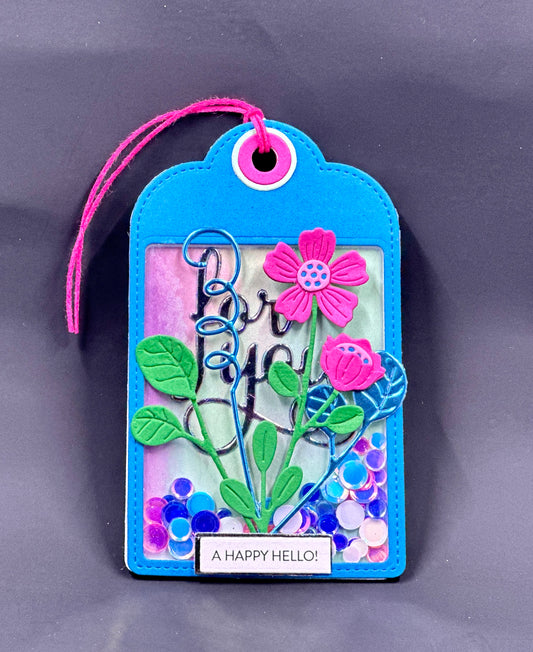 Pretty shaker gift tag featuring a mini floral arrangement with a watercolor background.