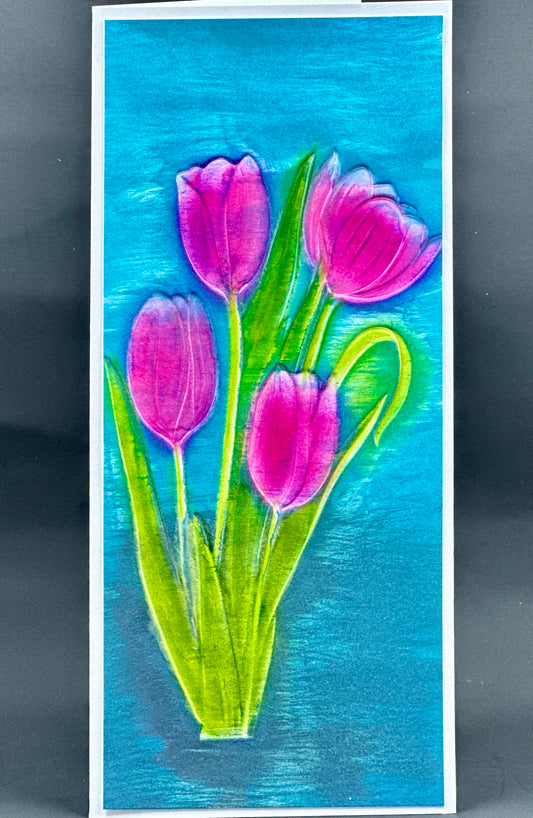 Tall slimline 3.5 x 8.5 card featuring embossed pink tulips on a green background.