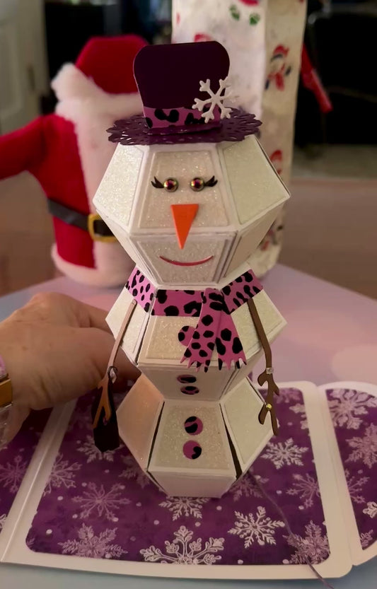 Pop up/light up female snowman with fashion accessories.